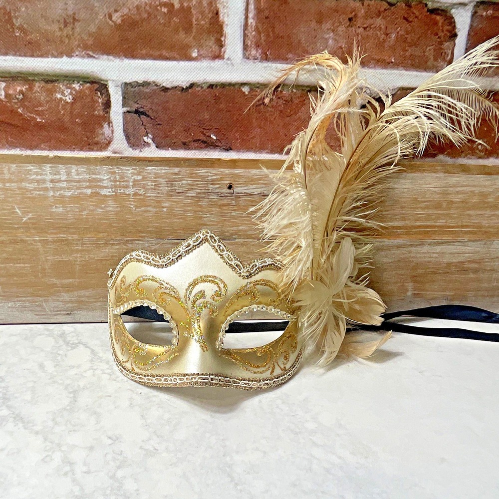 Hand Painted Venetian Masquerade Eye Mask White & Gold Feather Black Ribbon